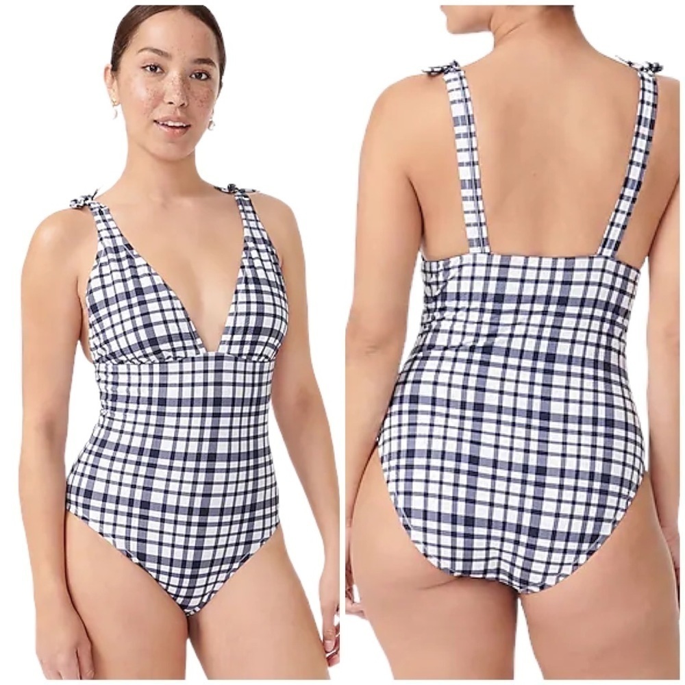 NEW J. Crew Tie-shoulder One-piece Swimsuit Navy White Marine Plaid Seersucker 6 - Picture 2 of 14